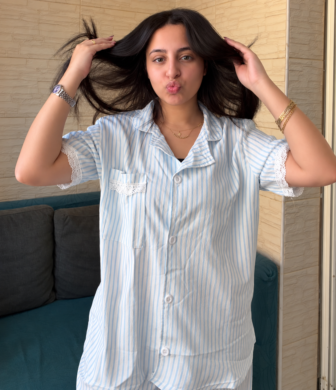 Blue Lace Stripe Pajama Set
